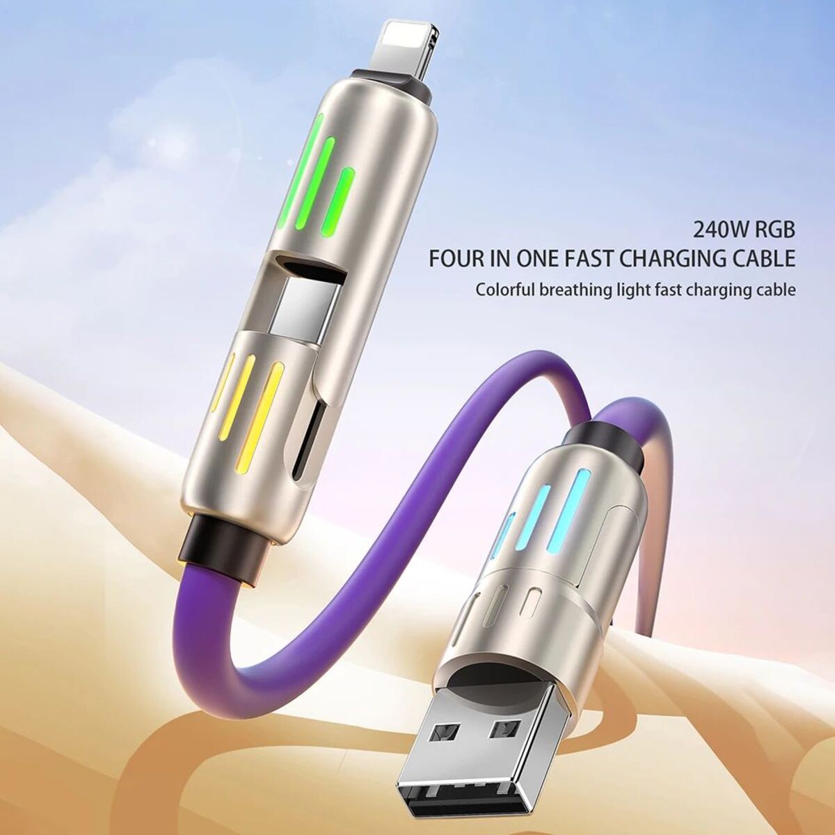 240w 4-in-1 USB C Cable,Multi Charger Cable With Breathing Light, PD 5A Multi Fast Charging Data Sync Silicone Compatible For I Phone S Amsung Laptop Multi Device Charging CJDropshipping