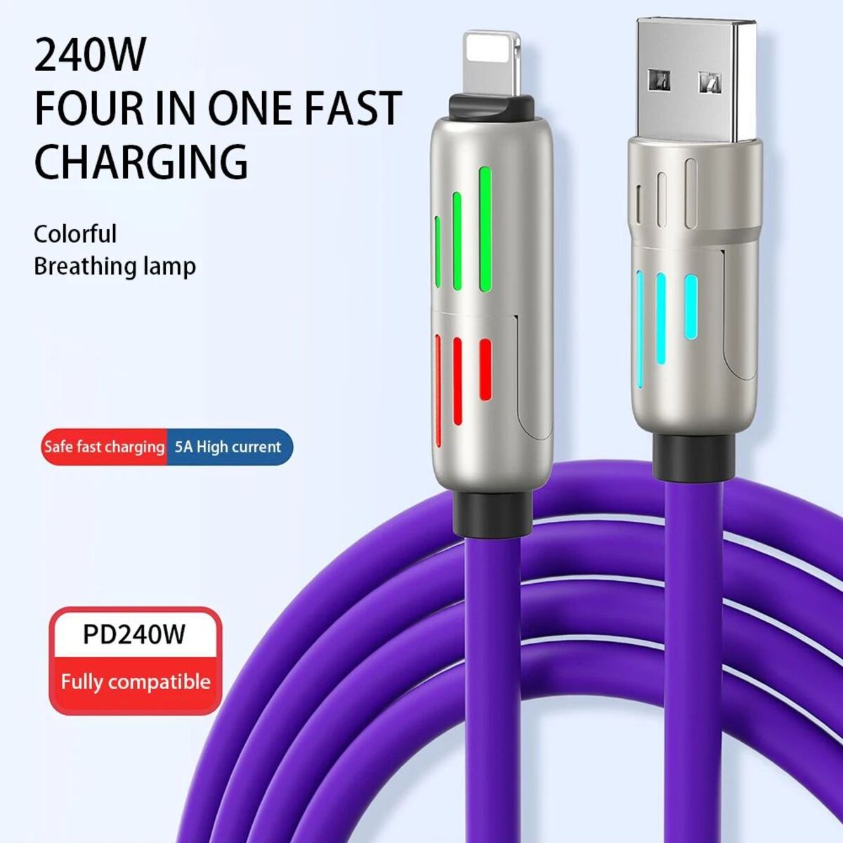 240w 4-in-1 USB C Cable,Multi Charger Cable With Breathing Light, PD 5A Multi Fast Charging Data Sync Silicone Compatible For I Phone S Amsung Laptop Multi Device Charging CJDropshipping