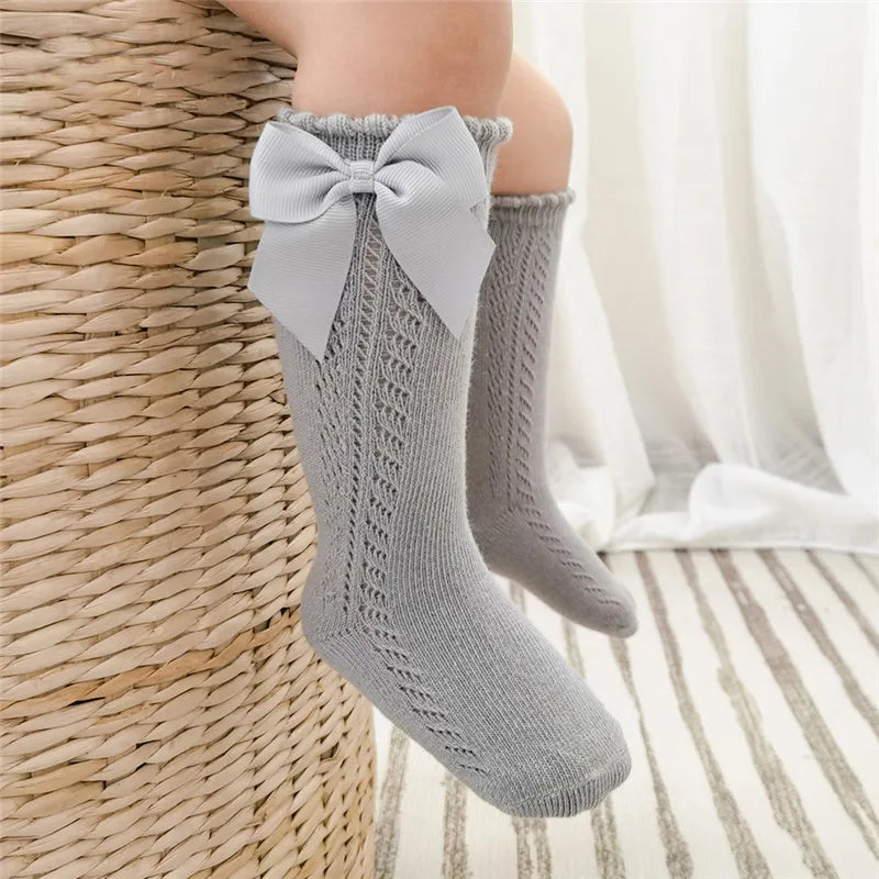 Summer Kids Knee High Socks Baby Girls Boys Bow Long Sock Soft Cotton Mesh Breathable Children Hollow Out Socken For 0-7 Years CIONCLOR Official Store