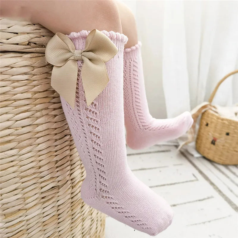 Summer Kids Knee High Socks Baby Girls Boys Bow Long Sock Soft Cotton Mesh Breathable Children Hollow Out Socken For 0-7 Years CIONCLOR Official Store