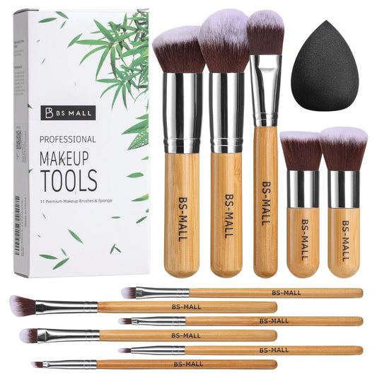 BS-MALL Makeup Brush Set 11Pcs Bamboo Synthetic Kabuki Brush Set Foundation Powder Blending Concealer Eye shadows Blush Cosmetics Brushes with Organizer Bag & Makeup Sponge Bamboocolor Epic.Wish.Gifts