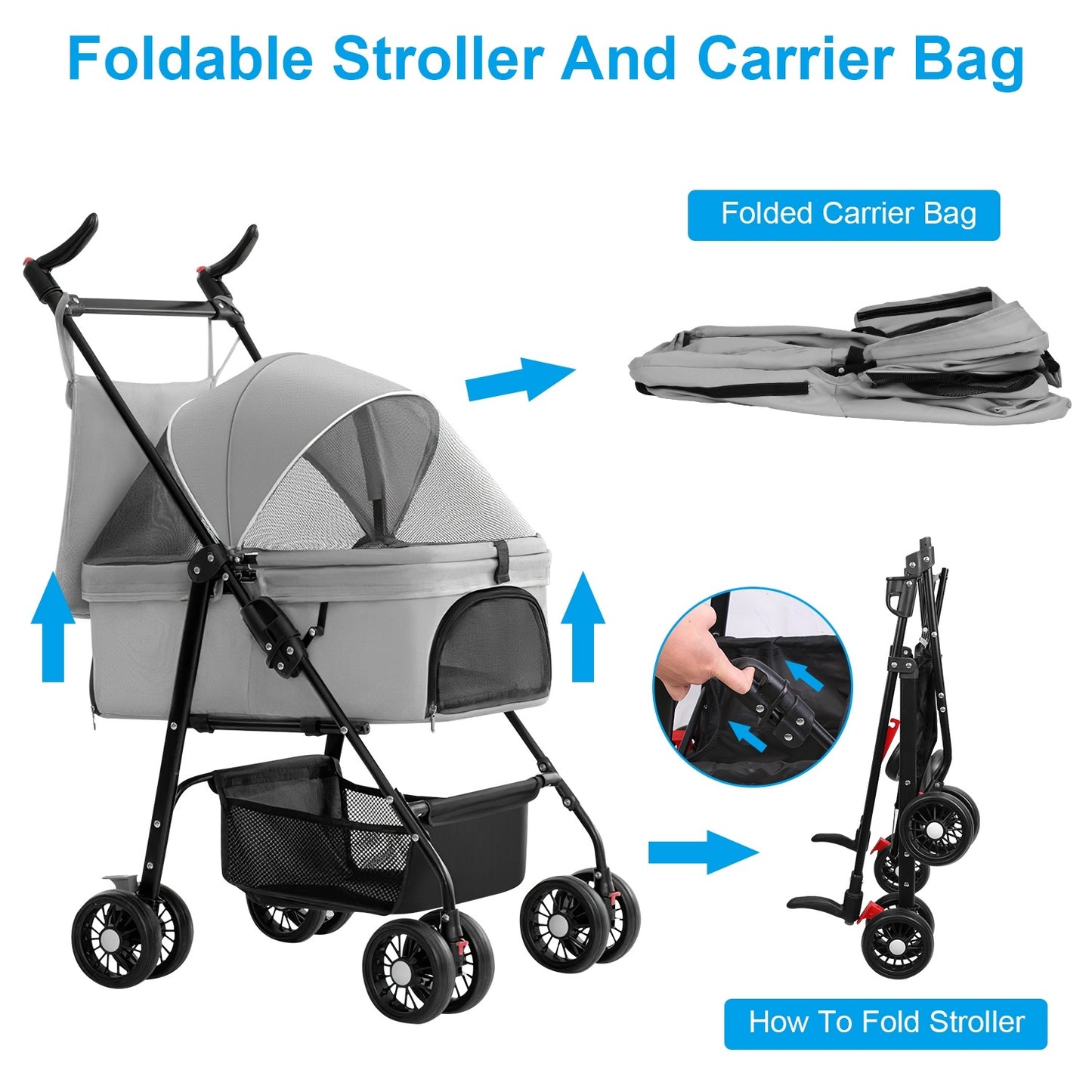 4 Wheels Pet Stroller Foldable Carrier Strolling Cart Travel Jogger Pet Stroller with Removable Liner Storage Basket for Dog Cat Doba