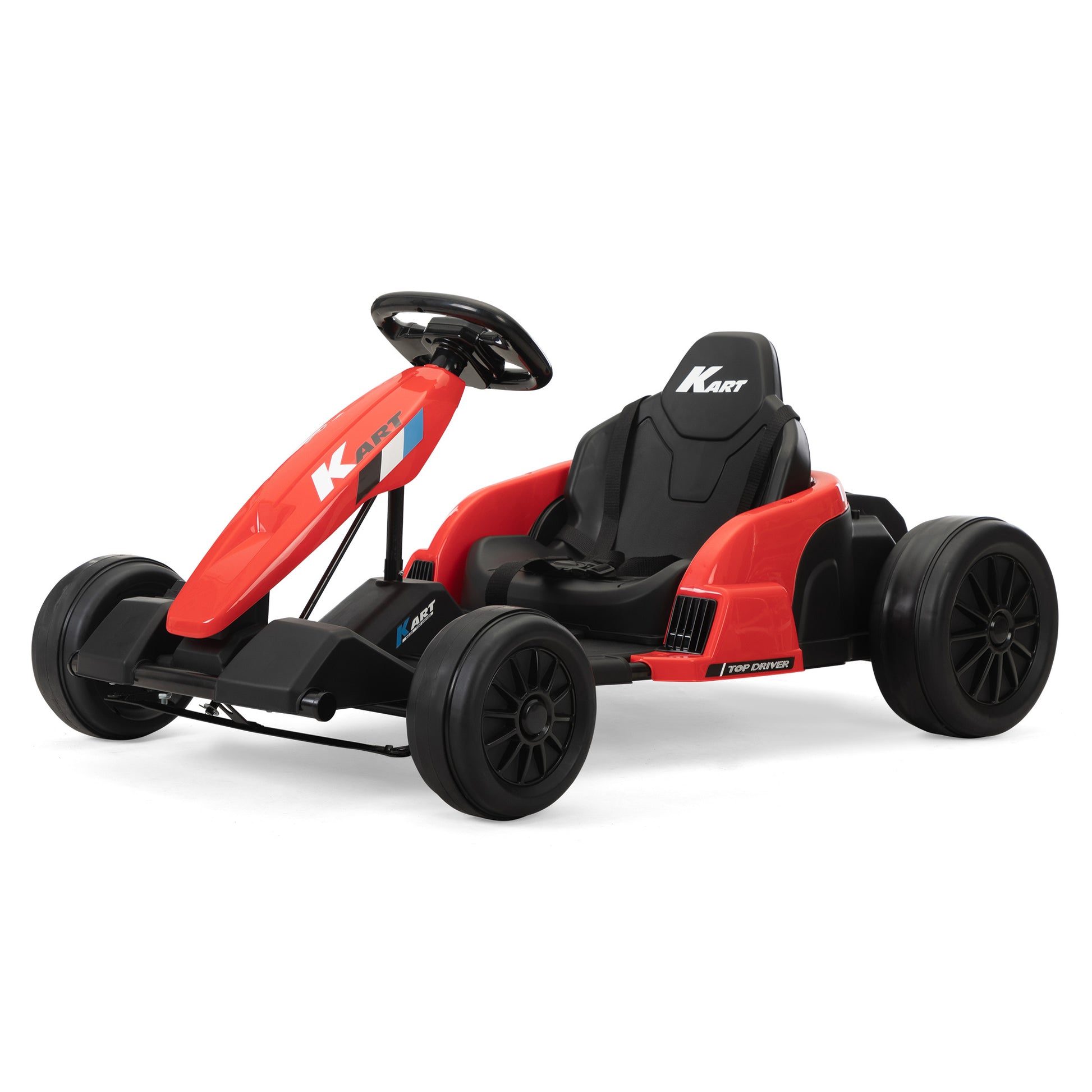 24V Electric Kids Go Kart, Battery Powered Outdoor Ride On Toy w/ 5 mph Max Speed, Music, Horn, Power Display, Protectors, Red and Black Doba