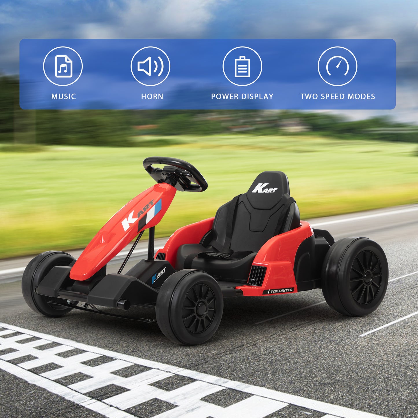 24V Electric Kids Go Kart, Battery Powered Outdoor Ride On Toy w/ 5 mph Max Speed, Music, Horn, Power Display, Protectors, Red and Black Doba