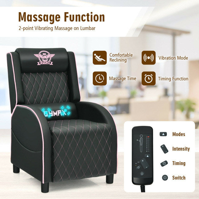 Massage Gaming Recliner Chair with Headrest and Adjustable Backrest for Home Theater Doba