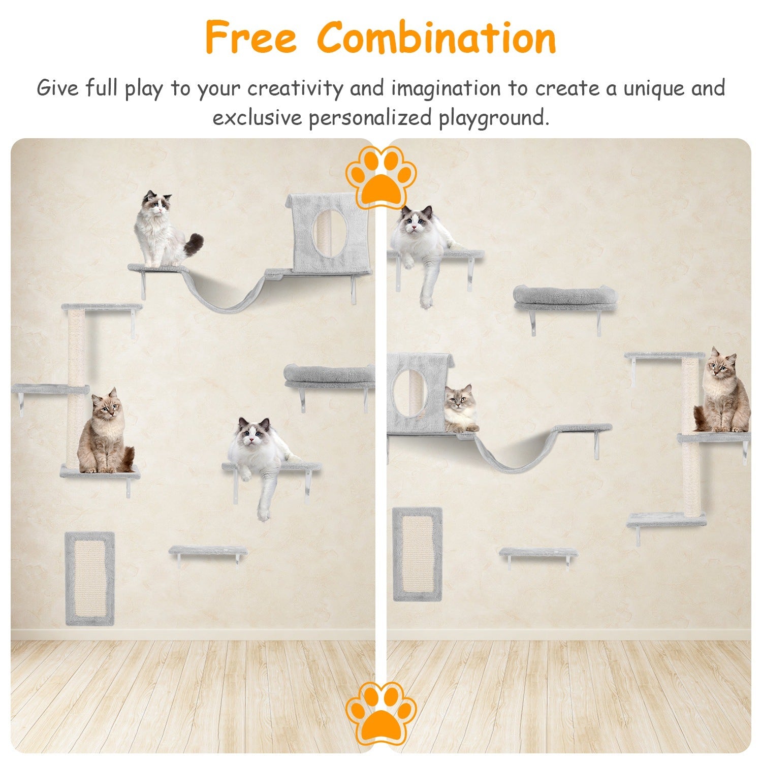 6 Set of Cat Wall Shelves Perch Cat Wall Furniture Wall Mounted Cat Climber with 3 Cat Shelves 2 Cat Houses 1 Cat Scratching Post Wooden Plush Doba