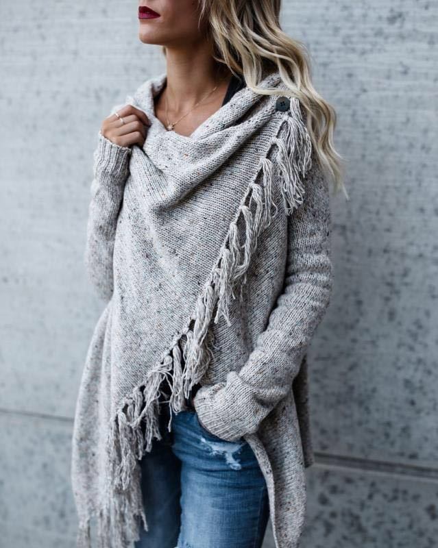 Autumn and Winter Women's Fashion Tassel Knit Jacket Sweater Doba