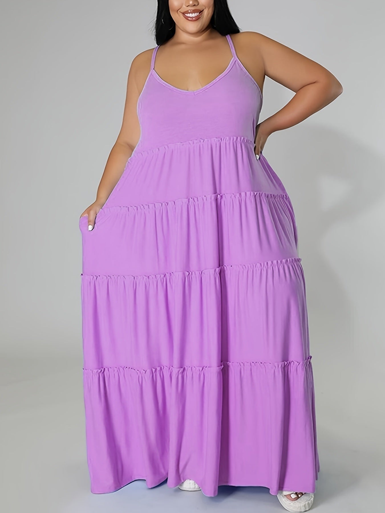 Plus Size Solid Layered Loose Fit Cami Maxi Dress; Women's Plus Sexy High Stretch Long Cami Dress Doba