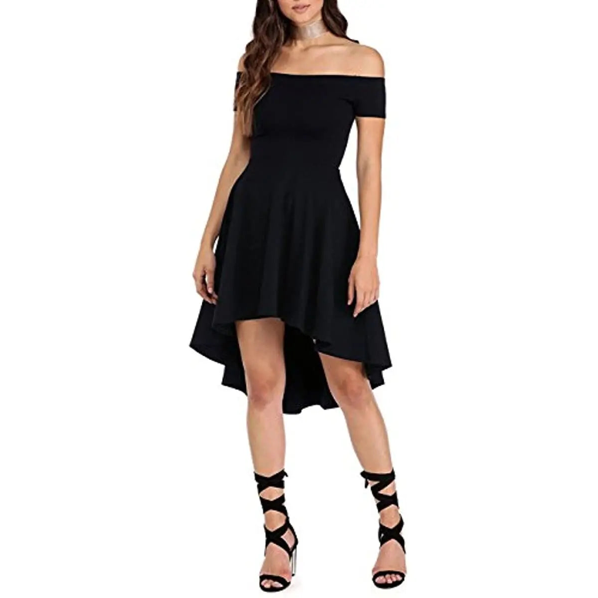 Womens Off The Shoulder Short Sleeve High Low Cocktail Skater Dress - Epic.Wish.Gifts