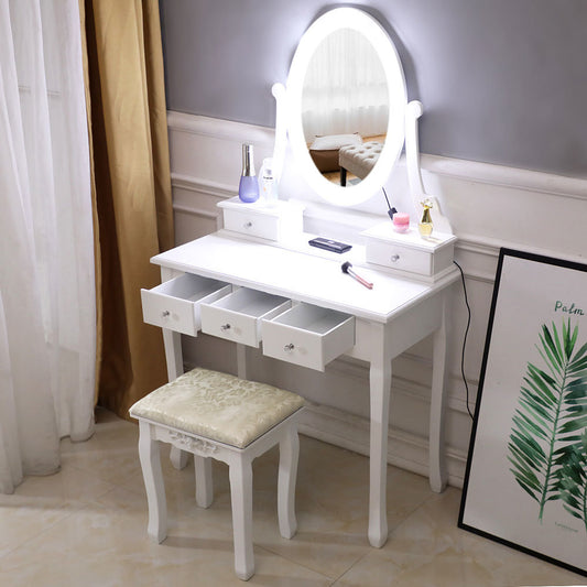 Vanity Table Set with Lighted Mirror, Makeup Dressing Table with 10 LED Lights, Touch Switch, 5 Drawers, Removable Organizer, 10 Dimmable Lights Makeup Table and Cushioned Stool Set (White) Doba