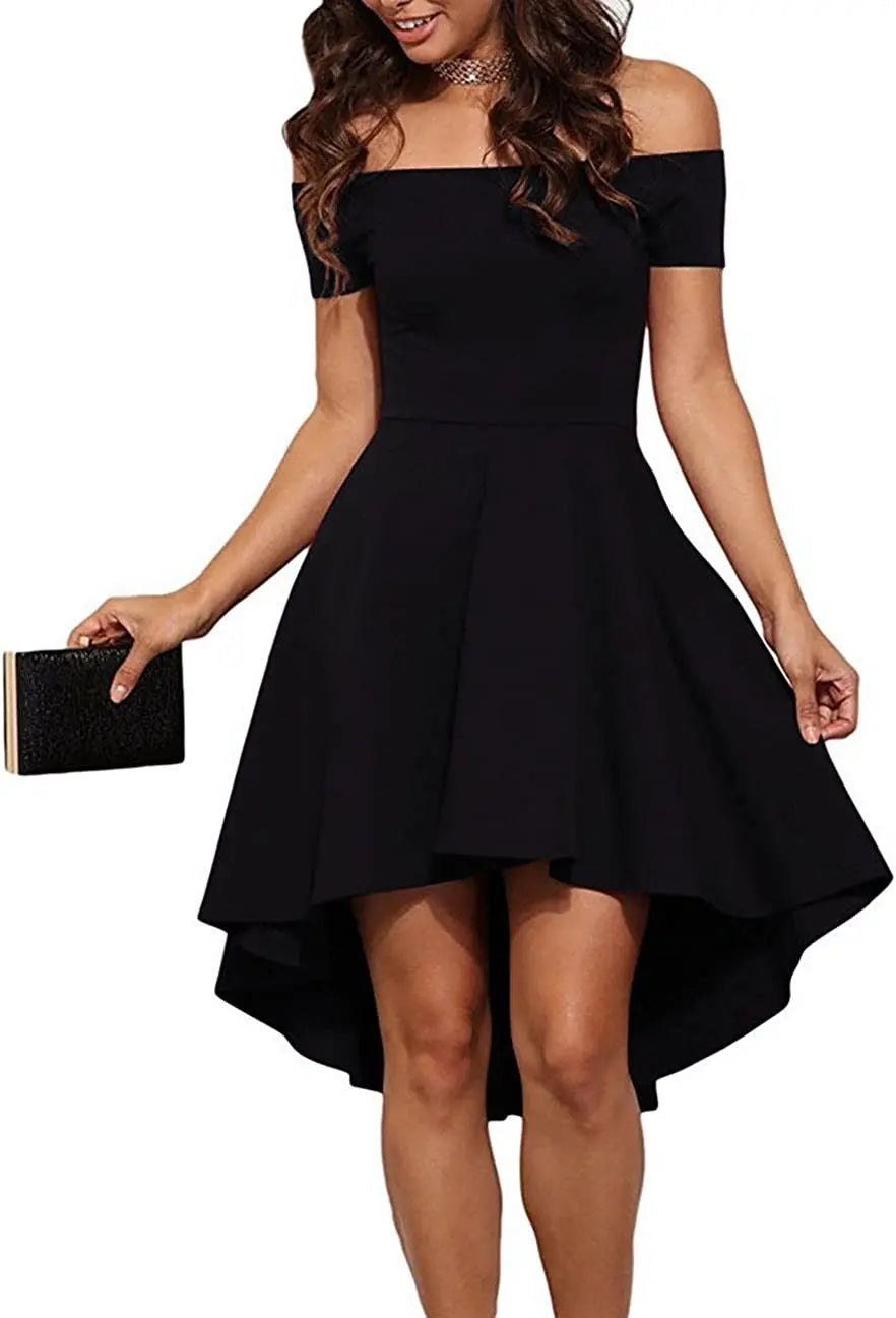 Womens Off The Shoulder Short Sleeve High Low Cocktail Skater Dress - Epic.Wish.Gifts