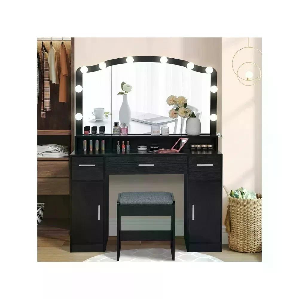 Dresser,43.3"with Illuminated Mirrors,10 LED Lights with 3 Drawers, 2 Cabinets and Long Storage Shelves with Stools,Vanity Desk Doba