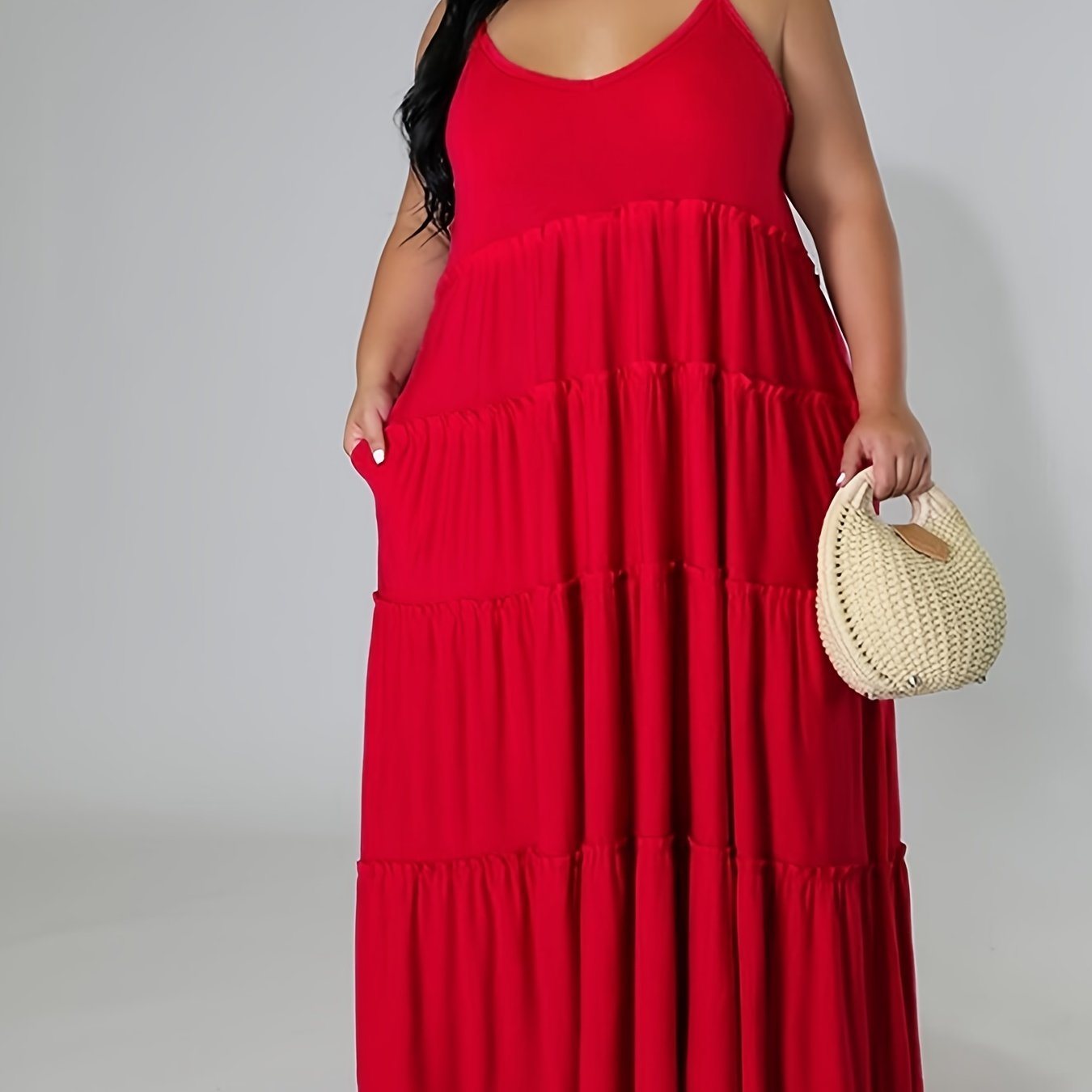 Plus Size Solid Layered Loose Fit Cami Maxi Dress; Women's Plus Sexy High Stretch Long Cami Dress Doba