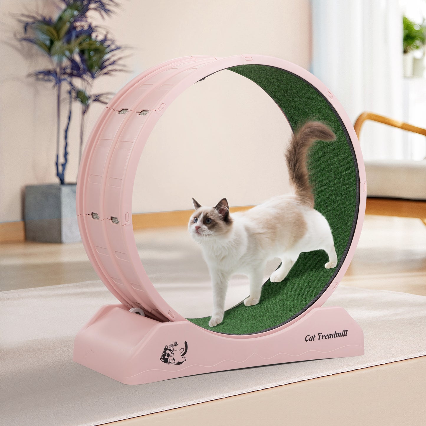 Cat Running Wheel, Small Animal Exercise Treadmill w/ Locking Mechanism, Carpet Runway, Cat Teaser Toy, Indoor, Pink Doba