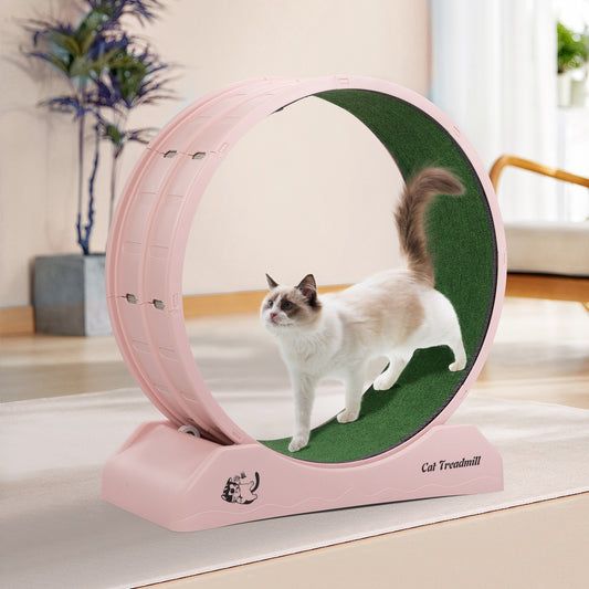 Cat Running Wheel, Small Animal Exercise Treadmill w/ Locking Mechanism, Carpet Runway, Cat Teaser Toy, Indoor, Pink Doba