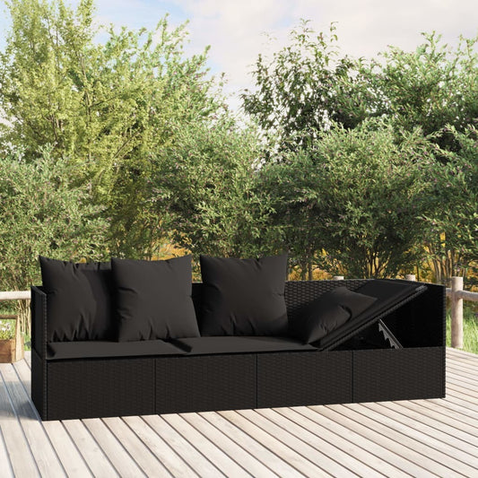 Patio Lounge Bed with Cushions Black Poly Rattan Doba