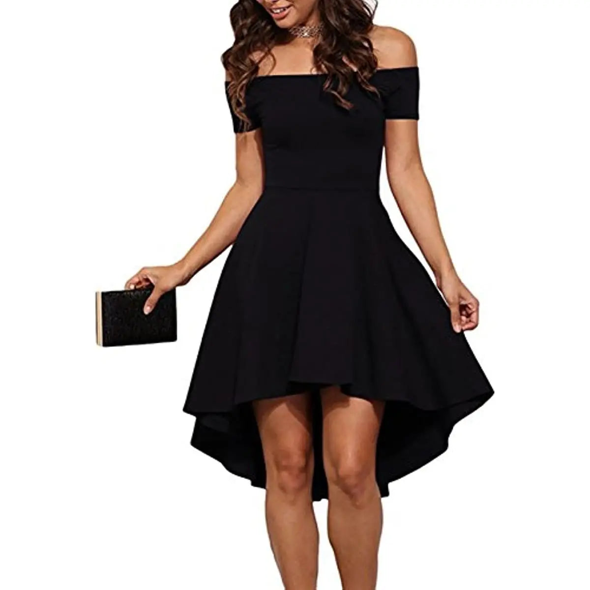 Womens Off The Shoulder Short Sleeve High Low Cocktail Skater Dress - Epic.Wish.Gifts