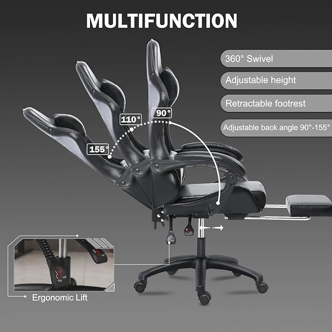 Ergonomic Gaming Chair for Adults, Comfortable Computer Chair for Heavy People, Adjustable Height Office Desk Chair with Wheels, Breathable Leather Video Game Chairs Doba