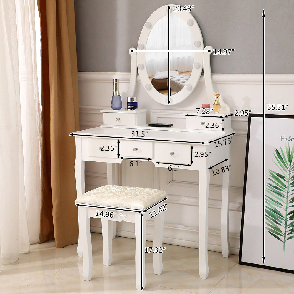 Vanity Table Set with Lighted Mirror, Makeup Dressing Table with 10 LED Lights, Touch Switch, 5 Drawers, Removable Organizer, 10 Dimmable Lights Makeup Table and Cushioned Stool Set (White) Doba