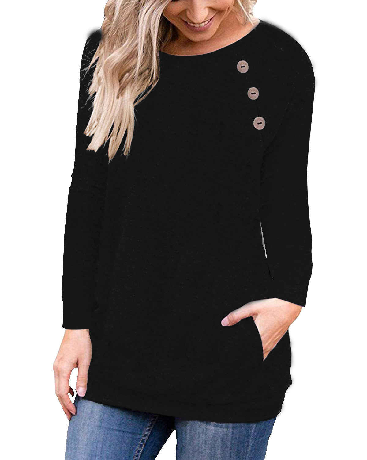 Women's Round Neck Long Sleeve Top Button Stitching Shirt With Pocket Doba