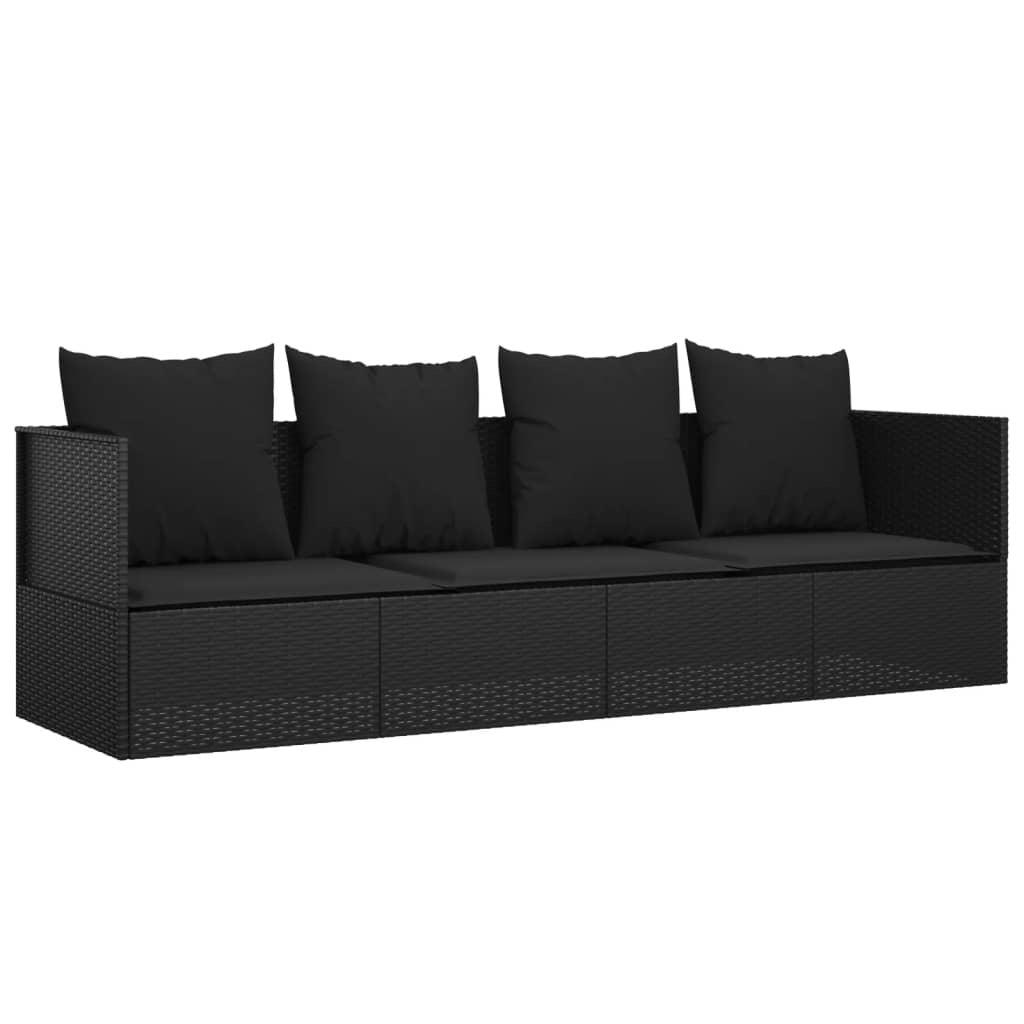 Patio Lounge Bed with Cushions Black Poly Rattan Doba