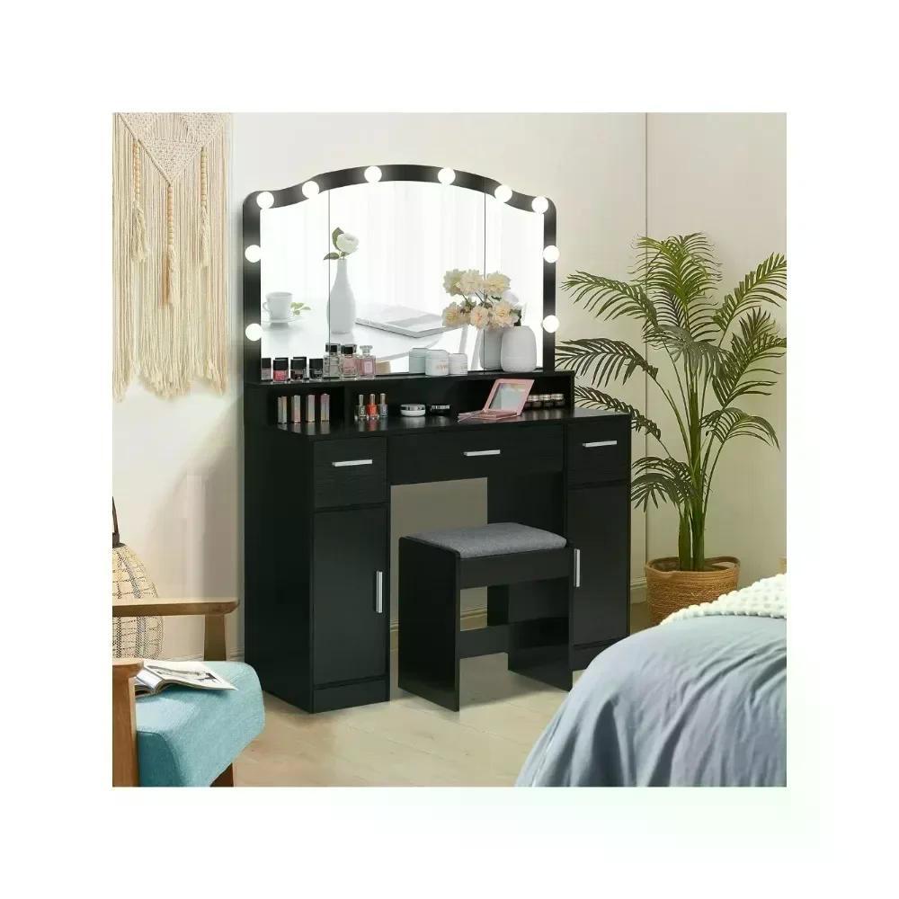 Dresser,43.3"with Illuminated Mirrors,10 LED Lights with 3 Drawers, 2 Cabinets and Long Storage Shelves with Stools,Vanity Desk Doba