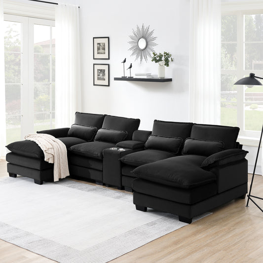 Modern U-shaped Sofa with Console,Cupholders and USB Ports,6-seat Furniture ,Sleeper Doba