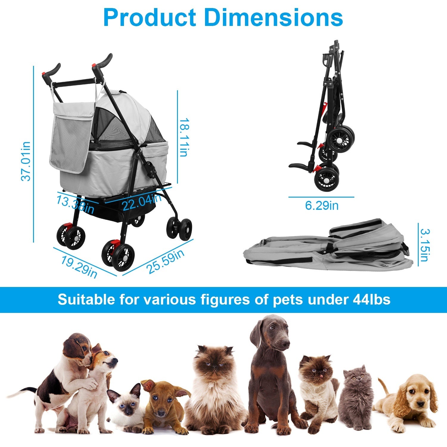 4 Wheels Pet Stroller Foldable Carrier Strolling Cart Travel Jogger Pet Stroller with Removable Liner Storage Basket for Dog Cat Doba