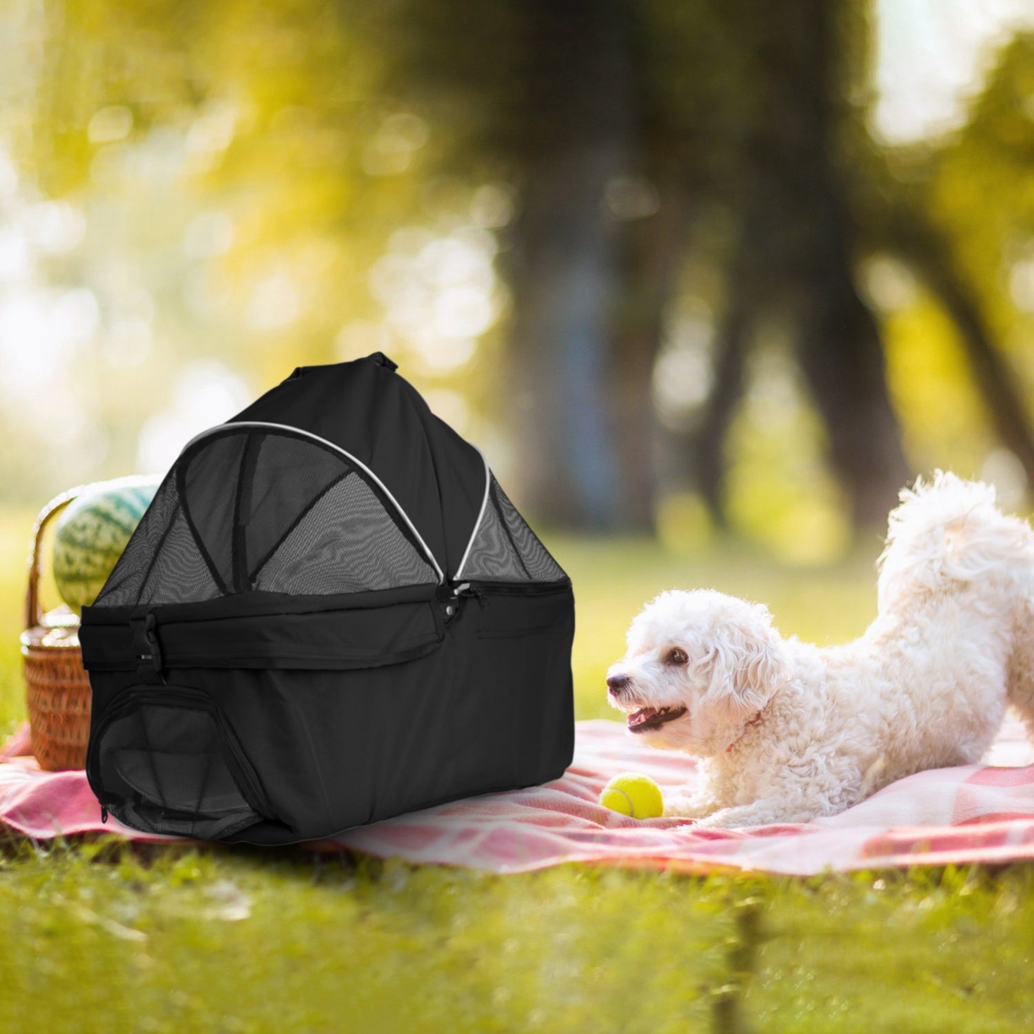 4 Wheels Pet Stroller Foldable Carrier Strolling Cart Travel Jogger Pet Stroller with Removable Liner Storage Basket for Dog Cat Doba