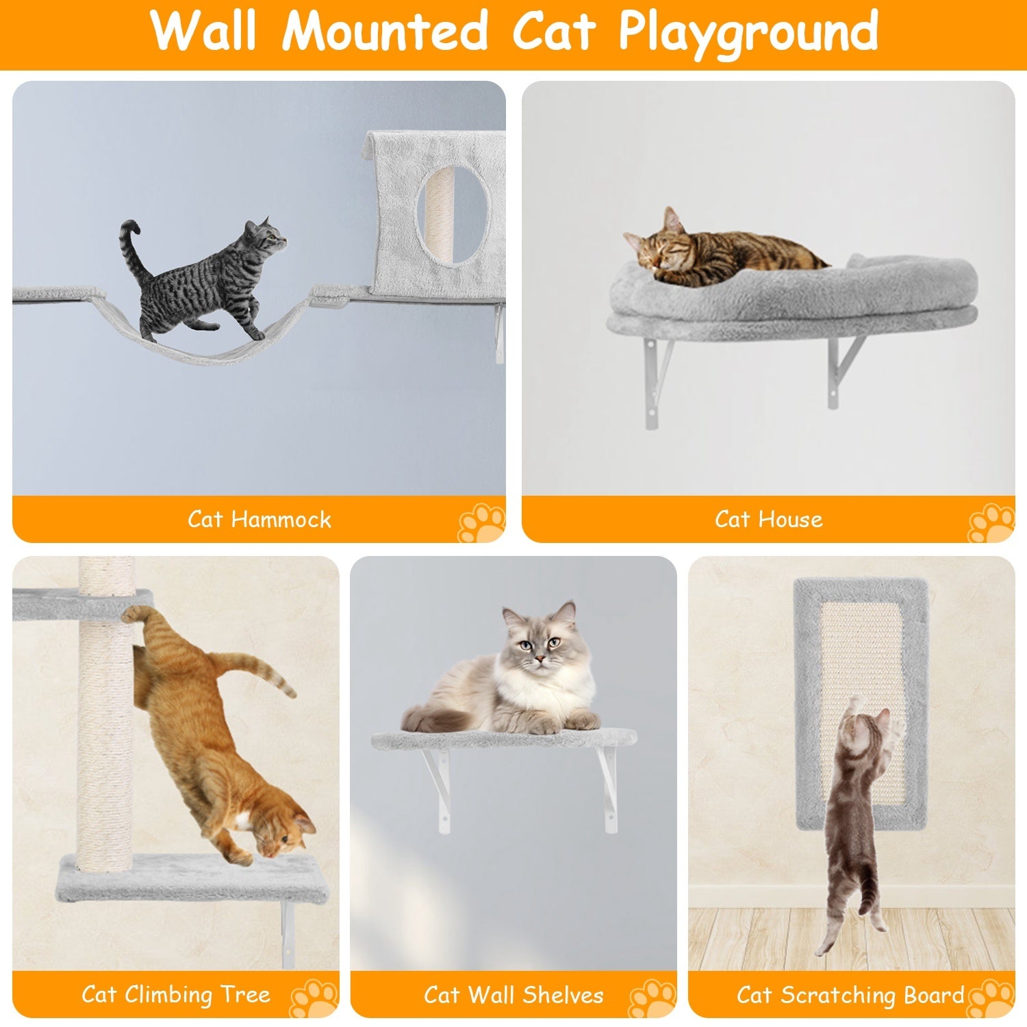 6 Set of Cat Wall Shelves Perch Cat Wall Furniture Wall Mounted Cat Climber with 3 Cat Shelves 2 Cat Houses 1 Cat Scratching Post Wooden Plush Doba