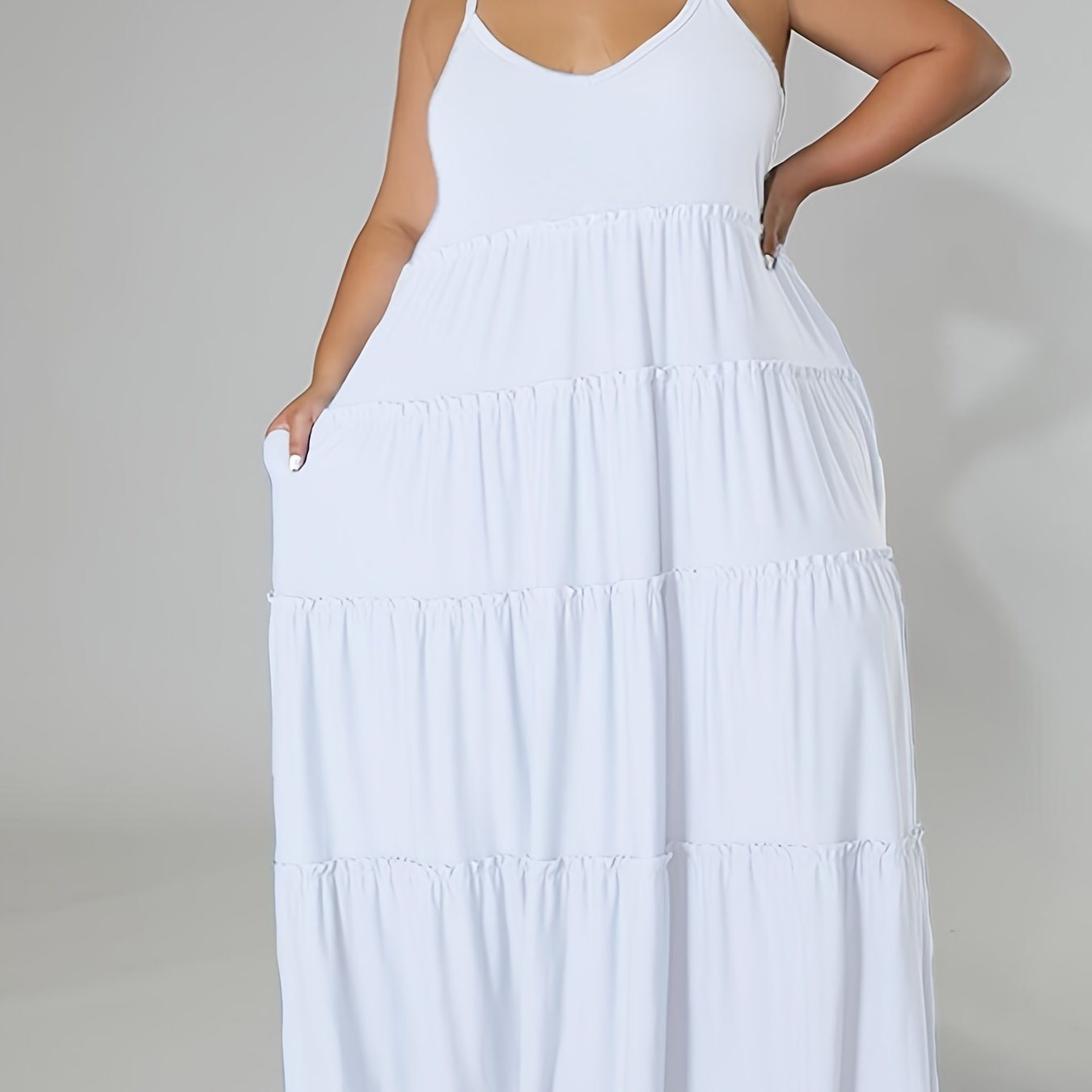 Plus Size Solid Layered Loose Fit Cami Maxi Dress; Women's Plus Sexy High Stretch Long Cami Dress Doba