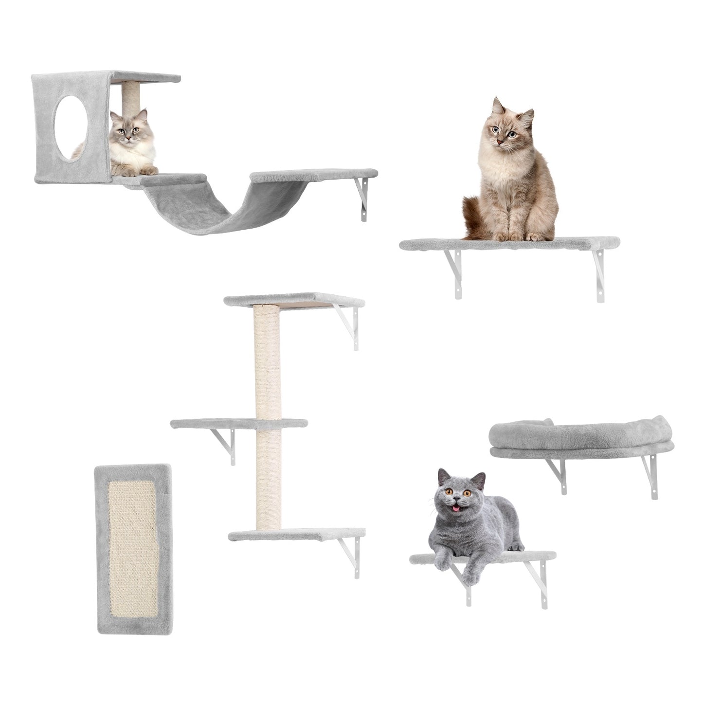 6 Set of Cat Wall Shelves Perch Cat Wall Furniture Wall Mounted Cat Climber with 3 Cat Shelves 2 Cat Houses 1 Cat Scratching Post Wooden Plush Doba