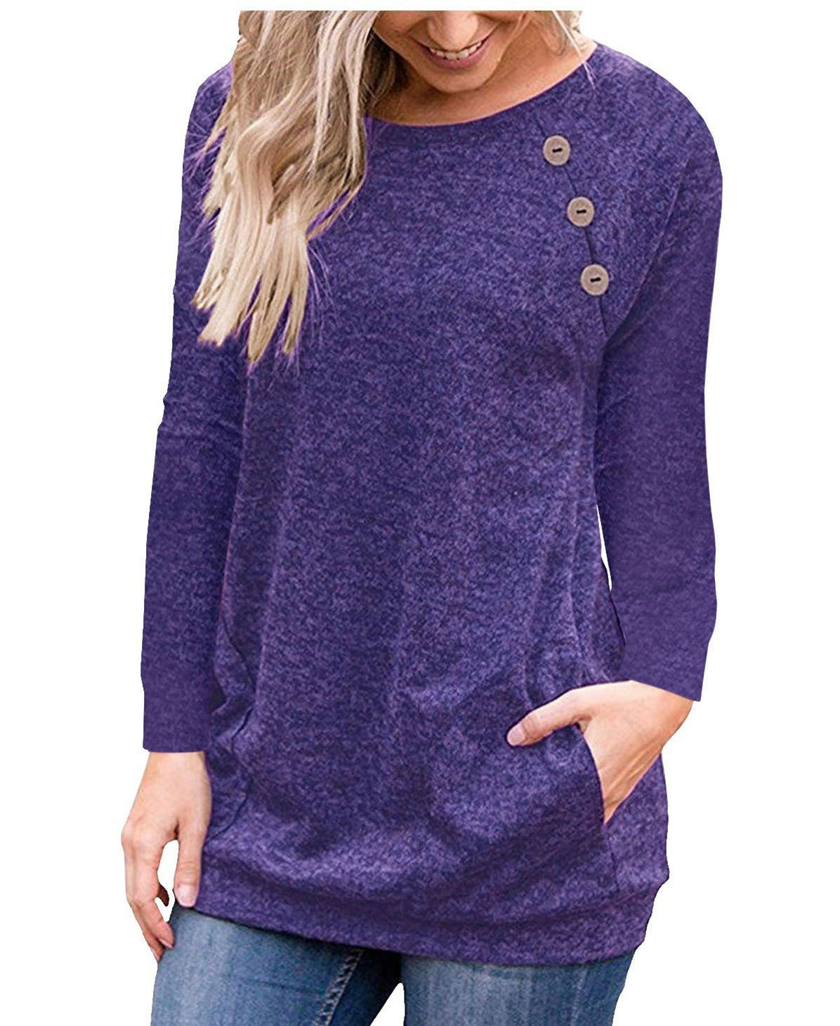 Women's Round Neck Long Sleeve Top Button Stitching Shirt With Pocket Doba