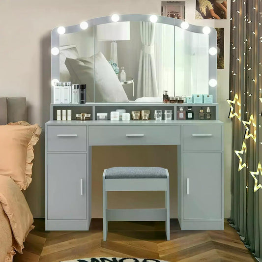 Dresser,43.3"with Illuminated Mirrors,10 LED Lights with 3 Drawers, 2 Cabinets and Long Storage Shelves with Stools,Vanity Desk Doba