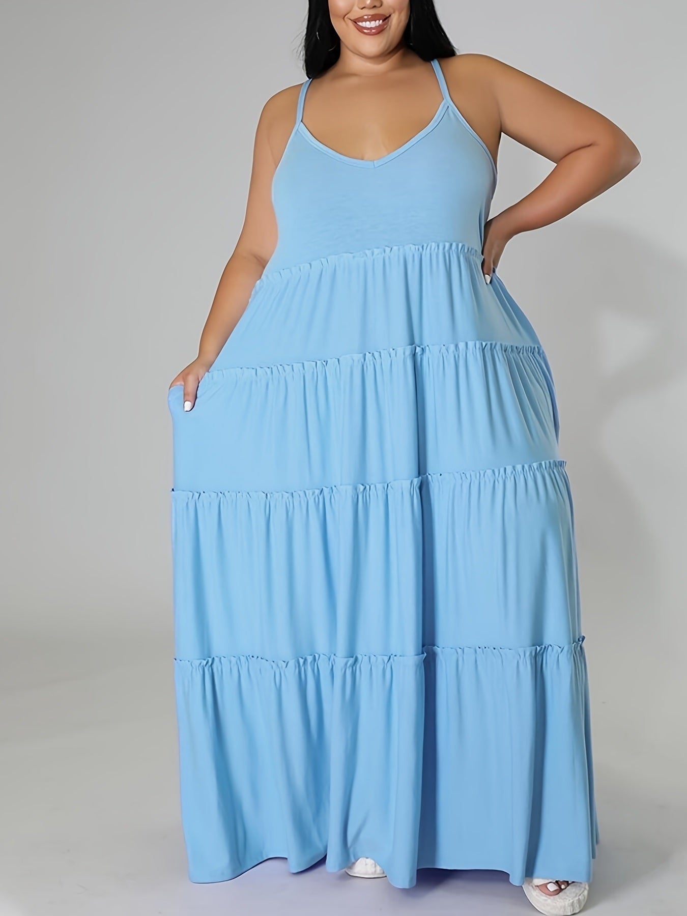 Plus Size Solid Layered Loose Fit Cami Maxi Dress; Women's Plus Sexy High Stretch Long Cami Dress Doba