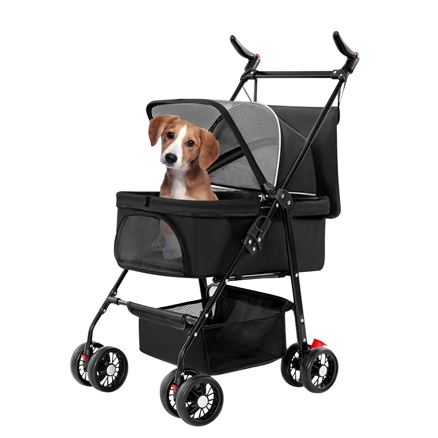 4 Wheels Pet Stroller Foldable Carrier Strolling Cart Travel Jogger Pet Stroller with Removable Liner Storage Basket for Dog Cat Doba