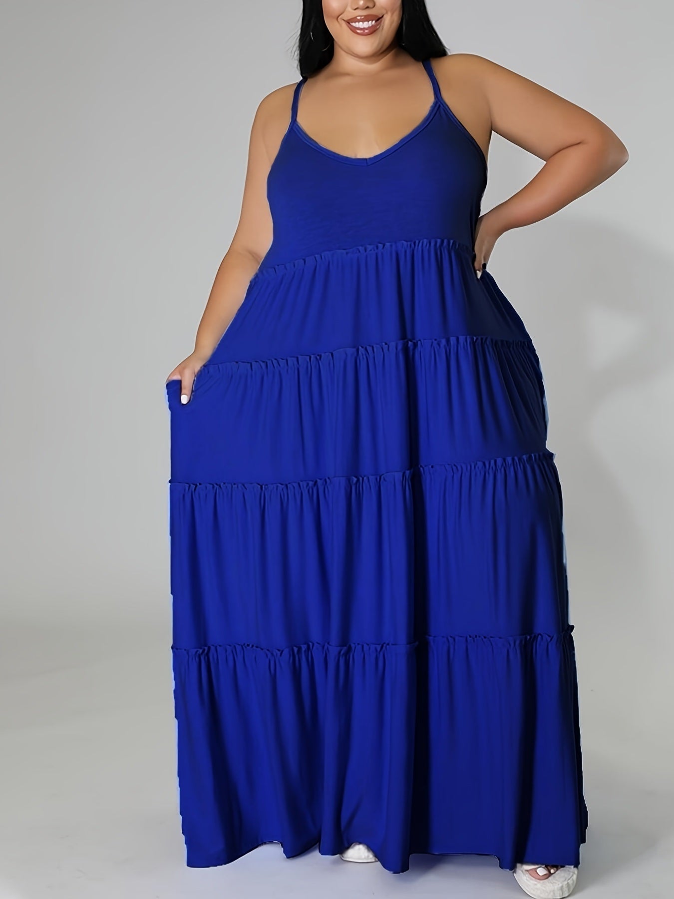 Plus Size Solid Layered Loose Fit Cami Maxi Dress; Women's Plus Sexy High Stretch Long Cami Dress Doba