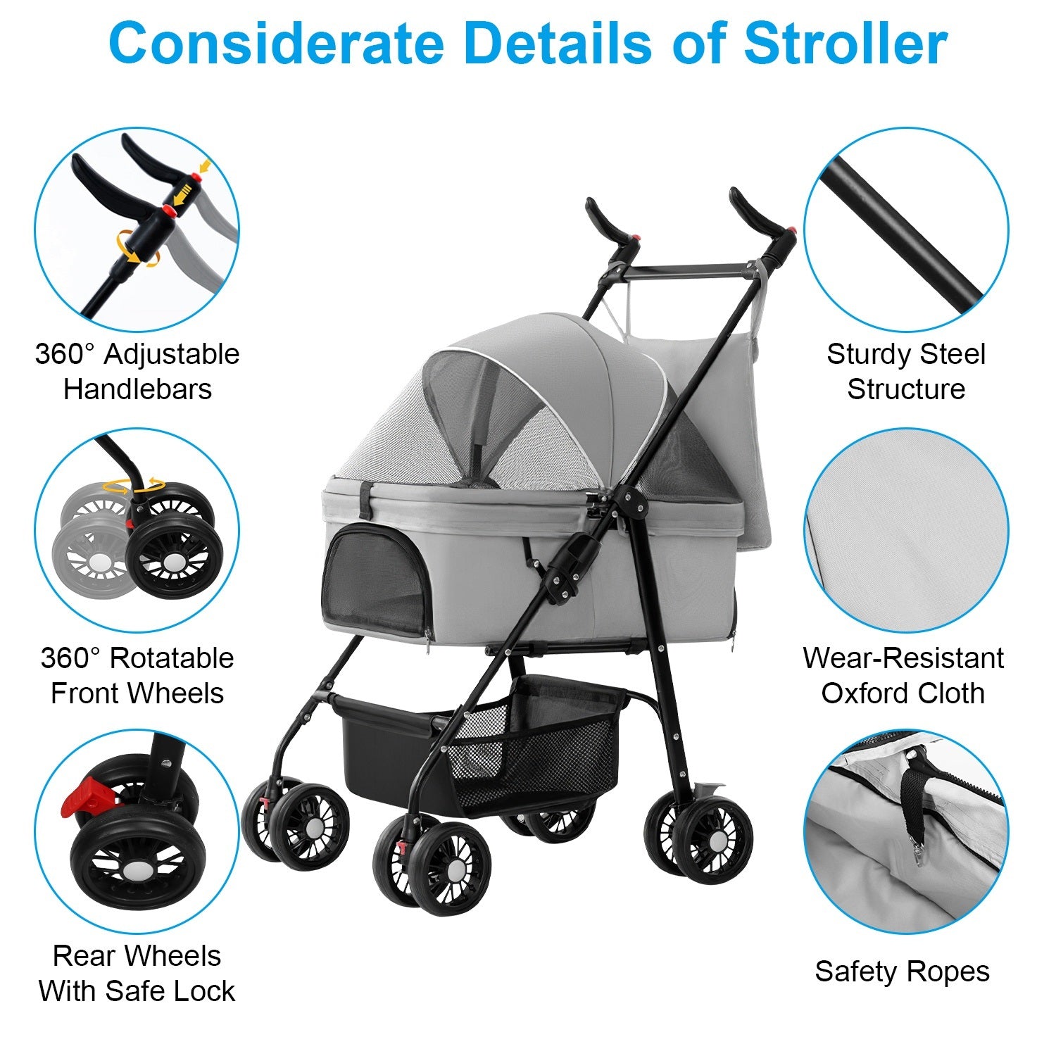 4 Wheels Pet Stroller Foldable Carrier Strolling Cart Travel Jogger Pet Stroller with Removable Liner Storage Basket for Dog Cat Doba