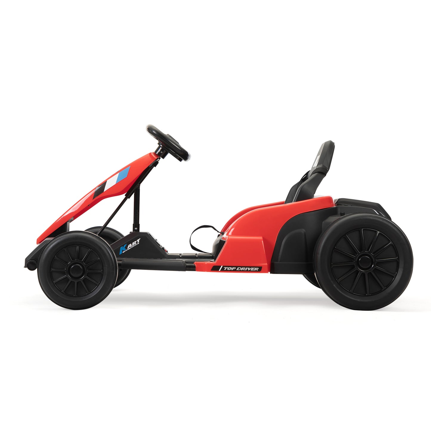 24V Electric Kids Go Kart, Battery Powered Outdoor Ride On Toy w/ 5 mph Max Speed, Music, Horn, Power Display, Protectors, Red and Black Doba