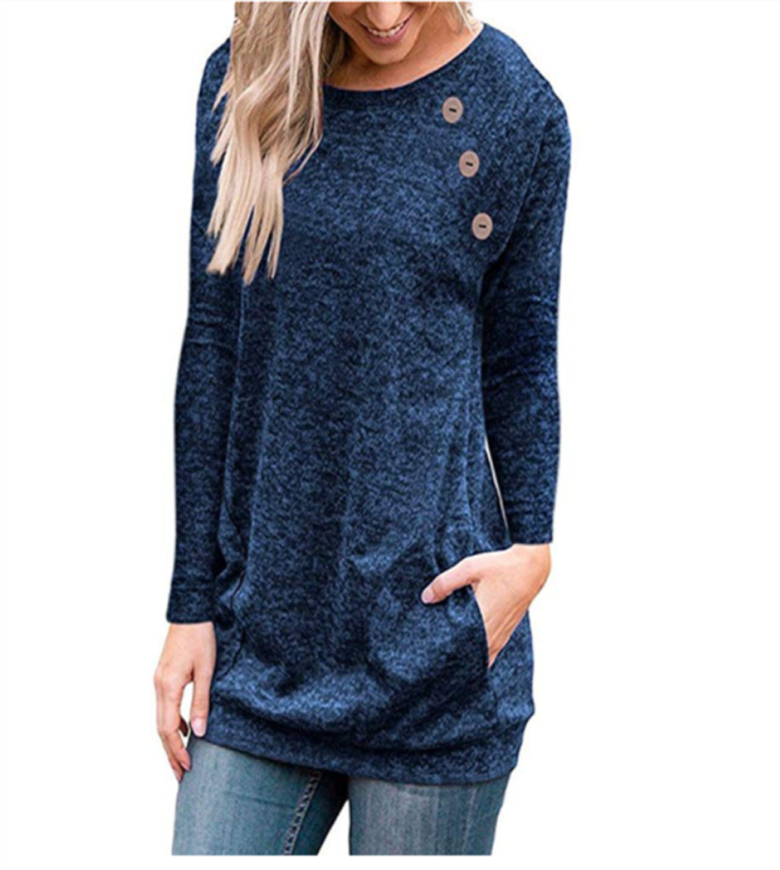 Women's Round Neck Long Sleeve Top Button Stitching Shirt With Pocket Doba