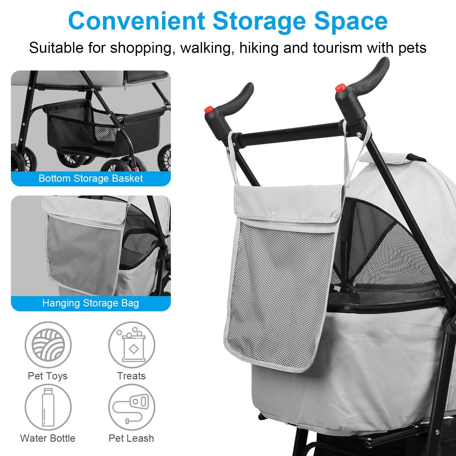 4 Wheels Pet Stroller Foldable Carrier Strolling Cart Travel Jogger Pet Stroller with Removable Liner Storage Basket for Dog Cat Doba