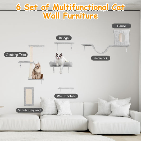 6 Set of Cat Wall Shelves Perch Cat Wall Furniture Wall Mounted Cat Climber with 3 Cat Shelves 2 Cat Houses 1 Cat Scratching Post Wooden Plush Doba