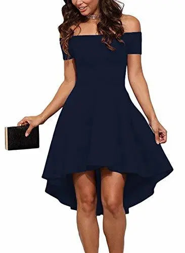 Womens Off The Shoulder Short Sleeve High Low Cocktail Skater Dress - Epic.Wish.Gifts