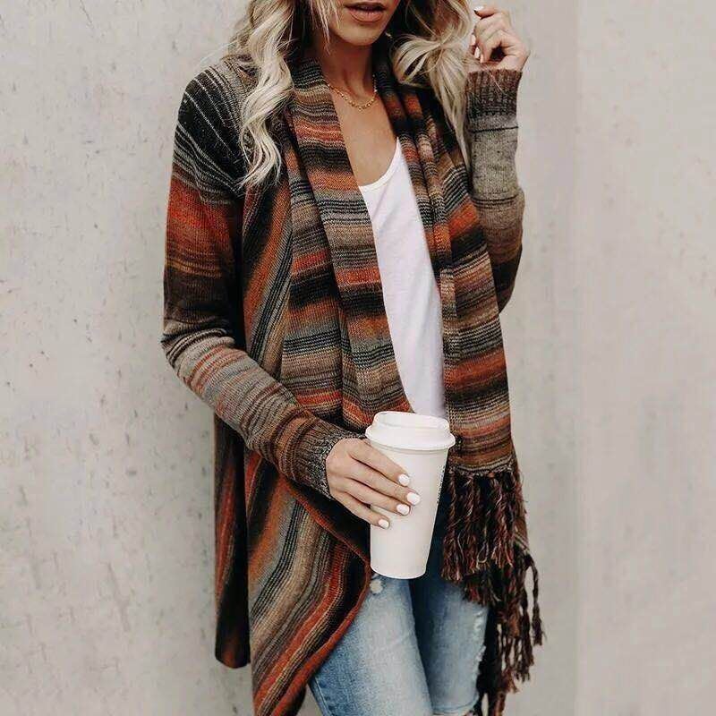 Autumn and Winter Women's Fashion Tassel Knit Jacket Sweater Doba