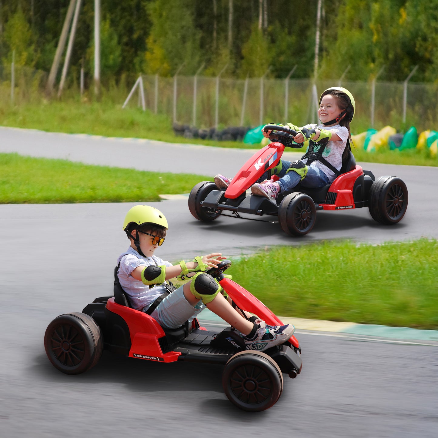 24V Electric Kids Go Kart, Battery Powered Outdoor Ride On Toy w/ 5 mph Max Speed, Music, Horn, Power Display, Protectors, Red and Black Doba