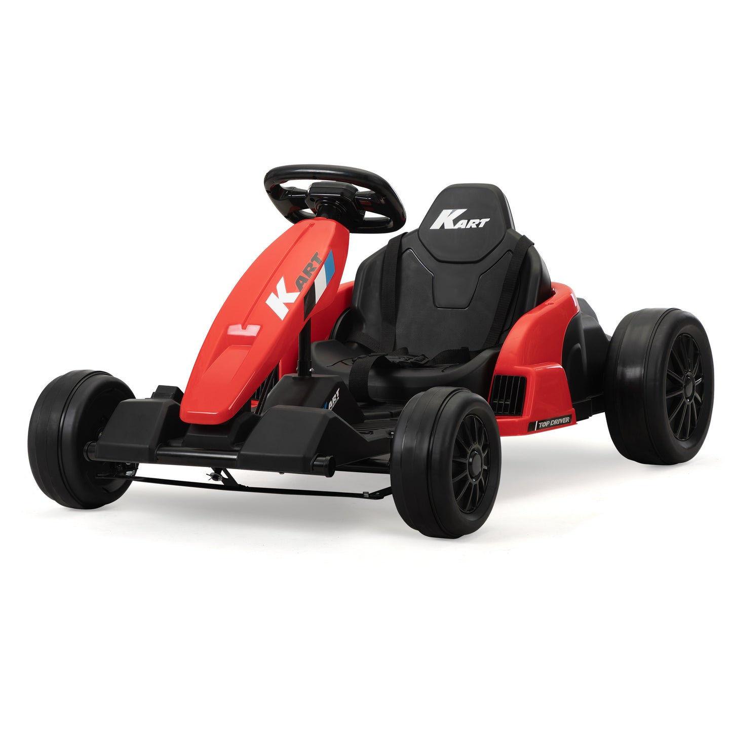 24V Electric Kids Go Kart, Battery Powered Outdoor Ride On Toy w/ 5 mph Max Speed, Music, Horn, Power Display, Protectors, Red and Black Doba