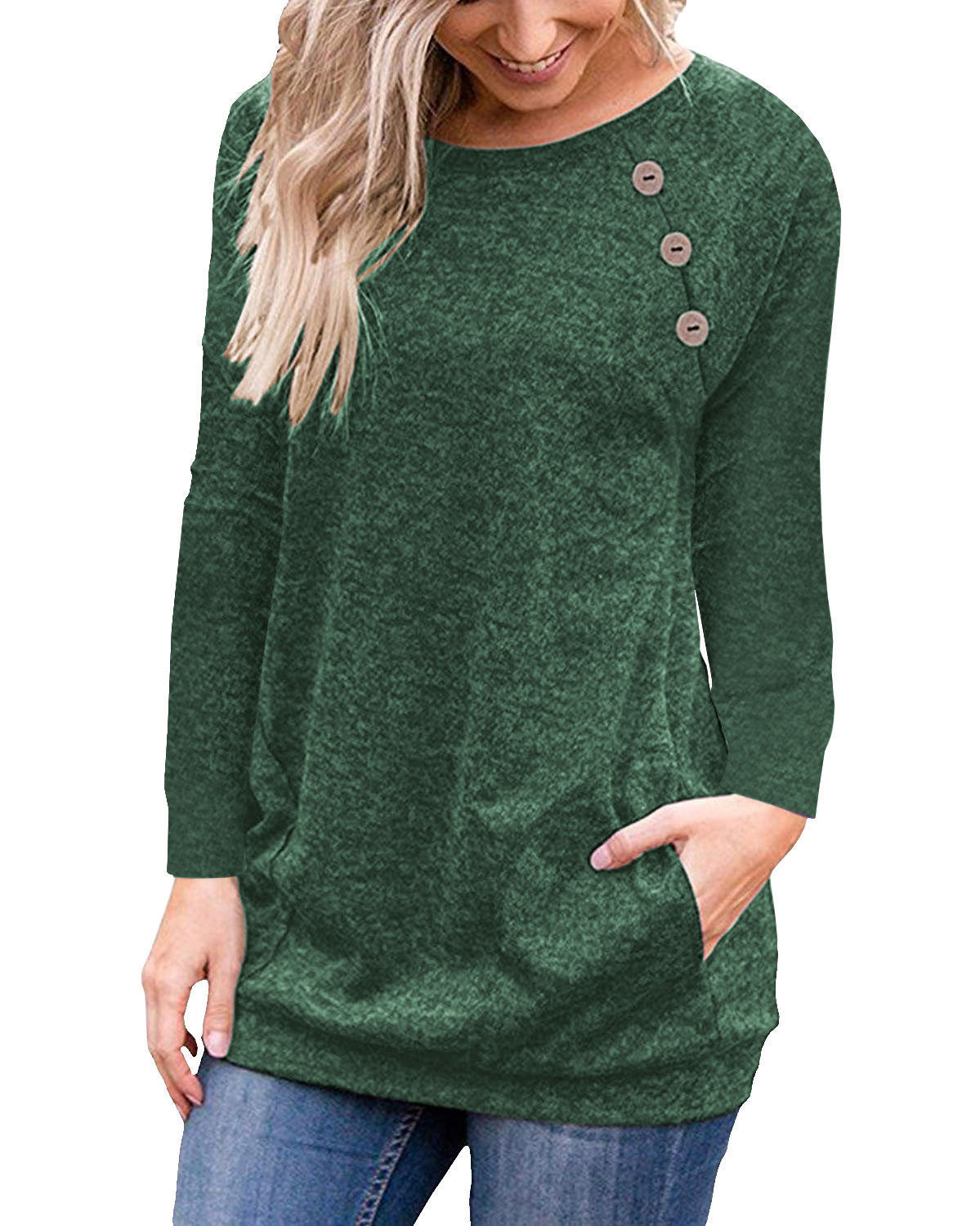 Women's Round Neck Long Sleeve Top Button Stitching Shirt With Pocket Doba