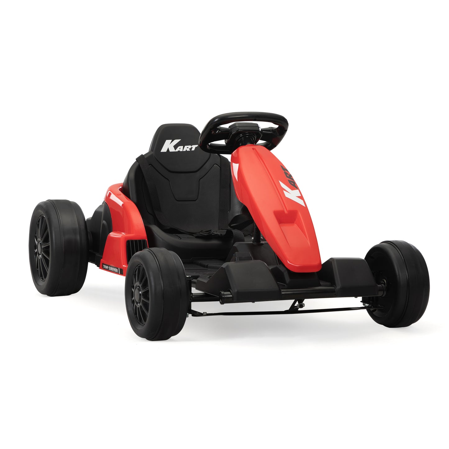 24V Electric Kids Go Kart, Battery Powered Outdoor Ride On Toy w/ 5 mph Max Speed, Music, Horn, Power Display, Protectors, Red and Black Doba