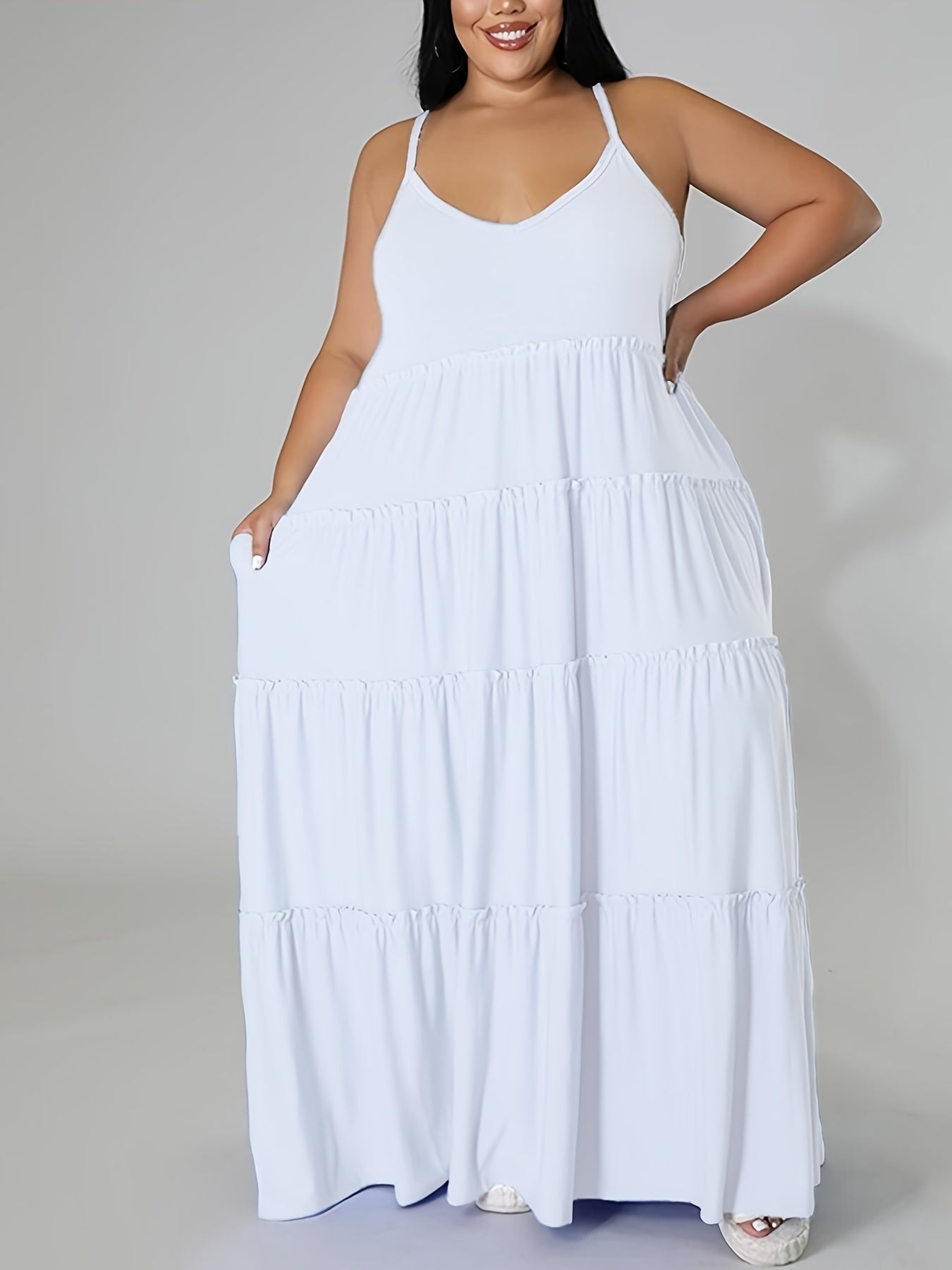 Plus Size Solid Layered Loose Fit Cami Maxi Dress; Women's Plus Sexy High Stretch Long Cami Dress Doba