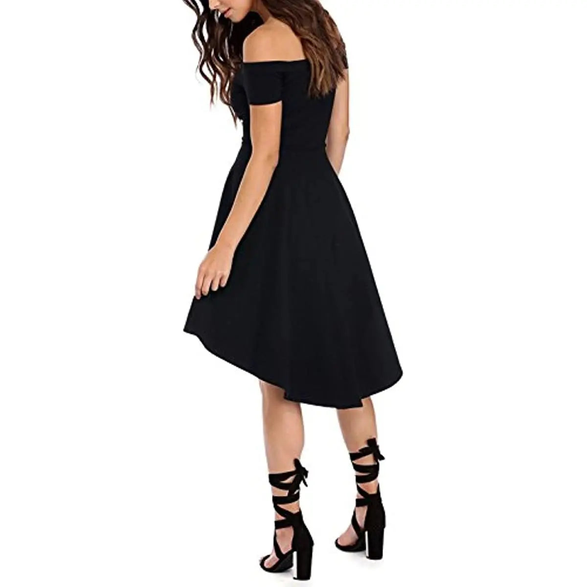 Womens Off The Shoulder Short Sleeve High Low Cocktail Skater Dress - Epic.Wish.Gifts